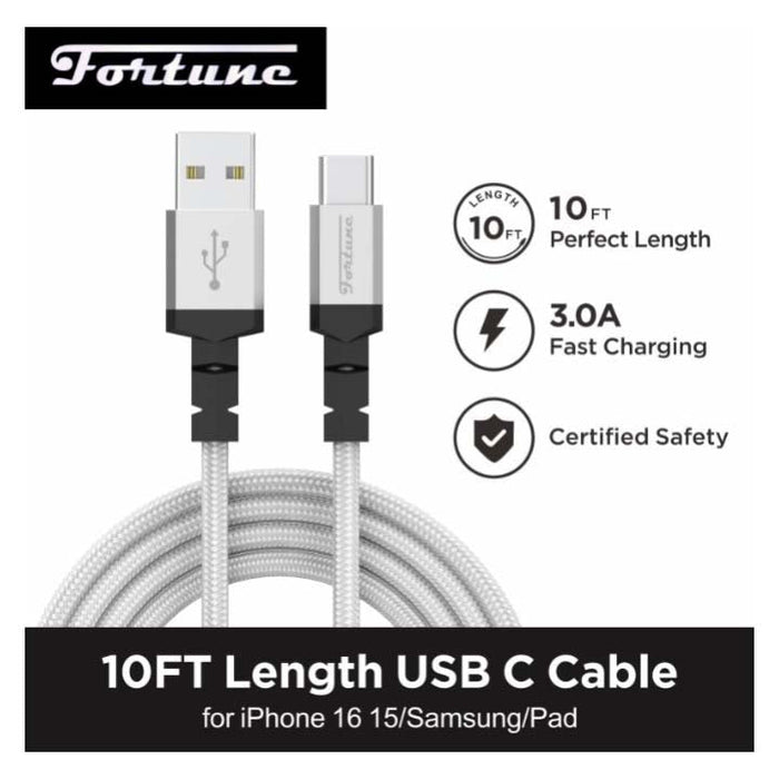 Fortune | 10ft USB-A to USB-C Braided Fast Charging Cable – 3A Charging Cable · Accessory Fortune