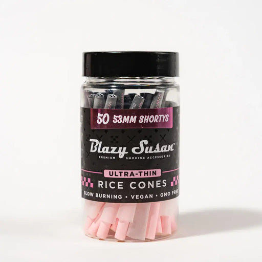 Blazy Susan | Ultra Thin Rice Cones Jar – 50 Count Pre-rolled Cone (Bulk / Tower) Smoking Cat Distribution Shorty (53mm)