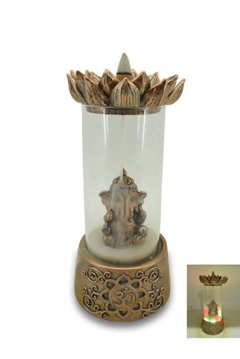 Zenn | Backflow Incense Burner Incense Holder SunGlow Ganesh With Lotus in Glass Stand Led