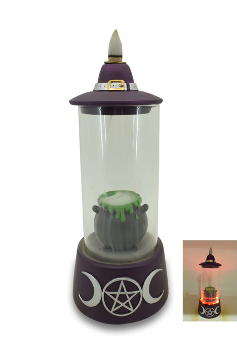 Zenn | Backflow Incense Burner Incense Holder SunGlow Purple Sun Moon & Cauldron in Glass Stand LED