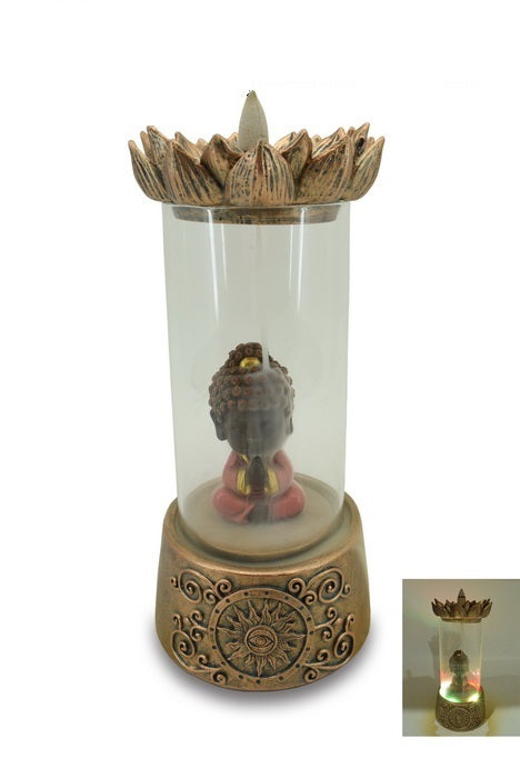 Zenn | Backflow Incense Burner Incense Holder SunGlow Baby Buddha & Lotus in Glass Stand LED