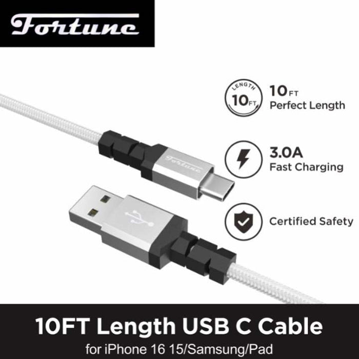 Fortune | 10ft USB-A to USB-C Braided Fast Charging Cable – 3A Charging Cable · Accessory Fortune