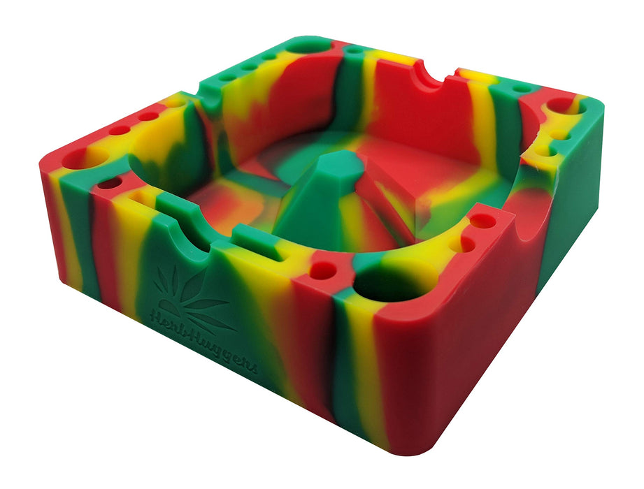 [10 Pack Bundle] Herbhuggers | Premium Silicone Ashtray Featuring Center Tap Ash and Glassware Clearer with Accessory Organizing Slot Holders Bundle ONE Rasta (Red