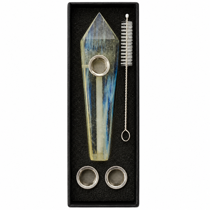 Acid Secs | Clear with Blue and Yellow Inclusions Quartz Crystal Pipe with Choke Quartz · Stone Pipe Acid Secs Productions Inc.