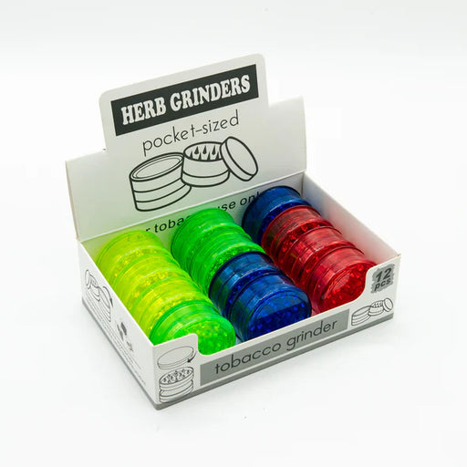 Plastic Grinders 12 Pack – Assorted Colors | Pocket-Sized Herb Grinders Display Pack Small Biz Distributors