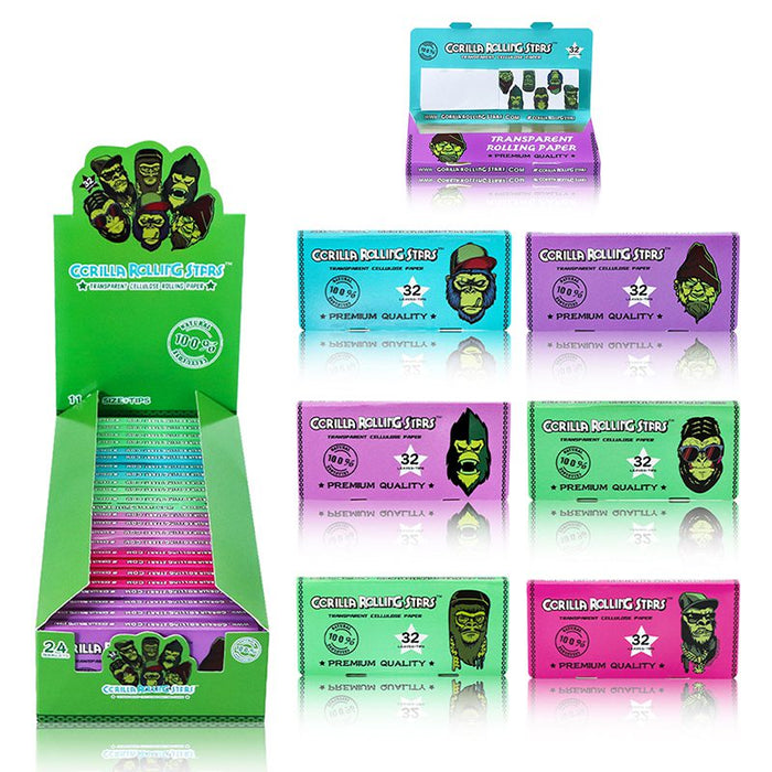 GORILLA ROLLING STARS 1 1/4 Size Transparent Cellulose Rolling Papers with Rolling Tips [GRS-009]