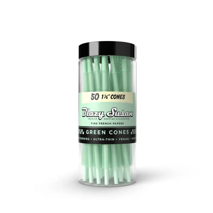 Blazy Susan | Green Cones Jar – (50 Count) Pre-rolled Cone (Bulk / Tower) Smoking Cat Distribution 1 1/4"
