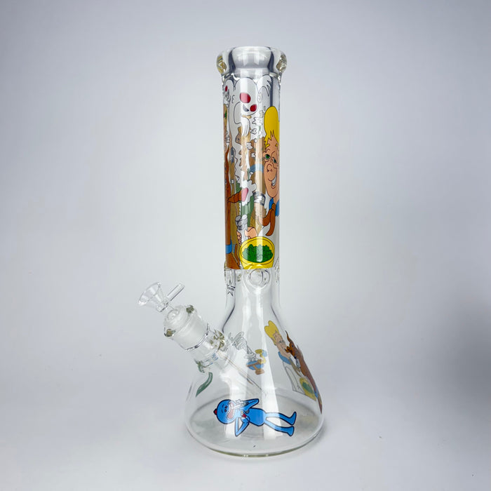 Glass water pipe with colorful designs on a gray background