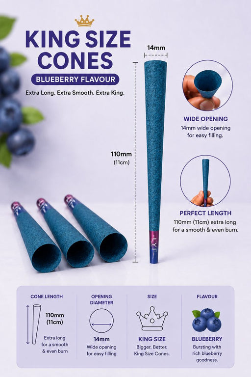 LYF Platinum | Pre Roll King Size Cones, Blueberry Flavour, Chlorine Free, Vegan, 109mm, 30 Cones, 10 Packs of 3 Pre-rolled Cone (Display Pack) LYF Live Your Freedom