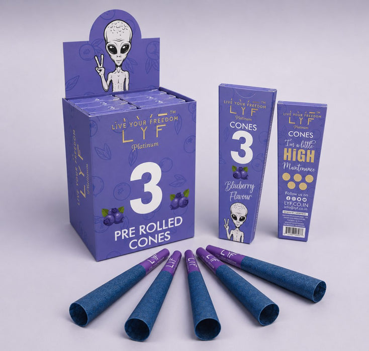 LYF Platinum | Pre Roll King Size Cones, Blueberry Flavour, Chlorine Free, Vegan, 109mm, 30 Cones, 10 Packs of 3 Pre-rolled Cone (Display Pack) LYF Live Your Freedom Default Title