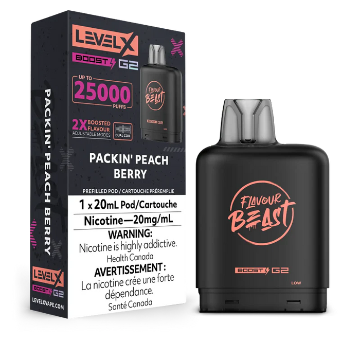 [ON] FLAVOUR BEAST | Level X Boost G2 25000 Pod Box of 6 Ontario Excise Tax ONE Packin' Peach Berry