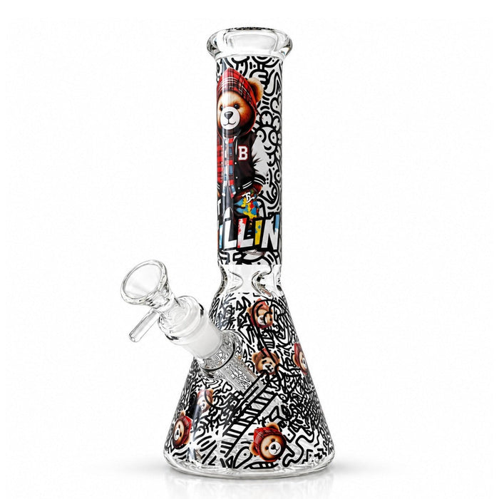 10" Graffiti Bear Glass Beaker - Glow in the Dark Glass Bong Super Supplys Inc D