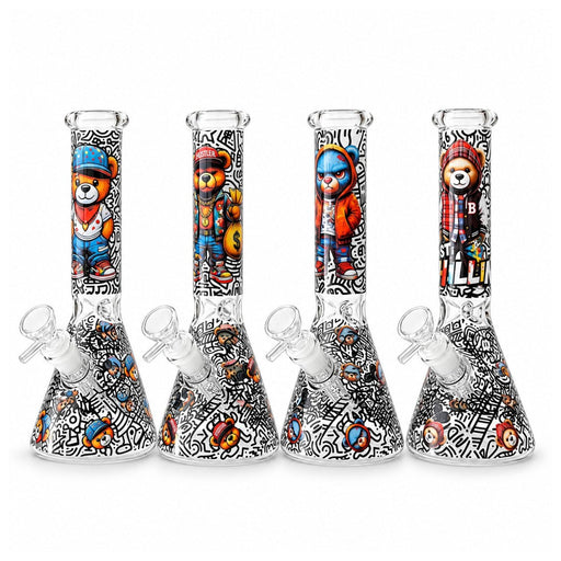 10" Graffiti Bear Glass Beaker - Glow in the Dark Glass Bong Super Supplys Inc