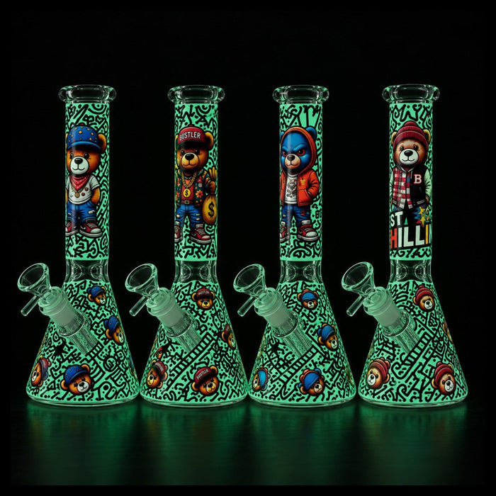 10" Graffiti Bear Glass Beaker - Glow in the Dark Glass Bong Super Supplys Inc