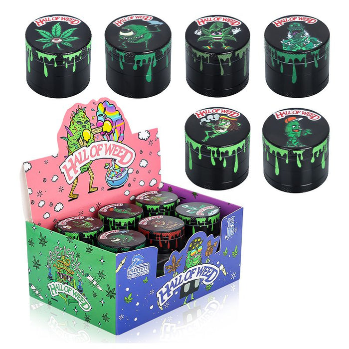 4 Part Grinder Hall Of Weed Series, Black Color, Printed Design Box of 12 [PH6915-HOW-HEI] Display Pack Canadian Distributor