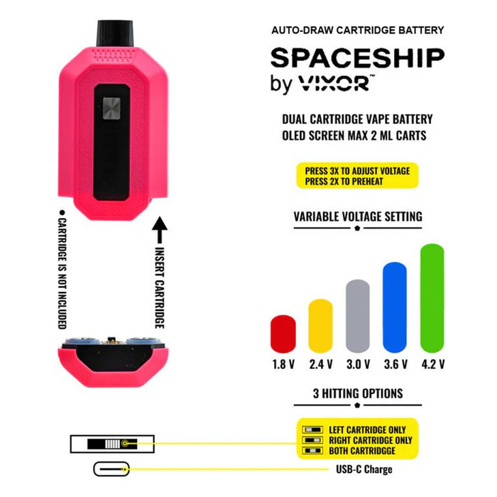 VIXOR | Spaceship 650mAh 510 Dual Cartridge Battery with puff counter Box of 10 Vape Devices Buddyz Wholesale