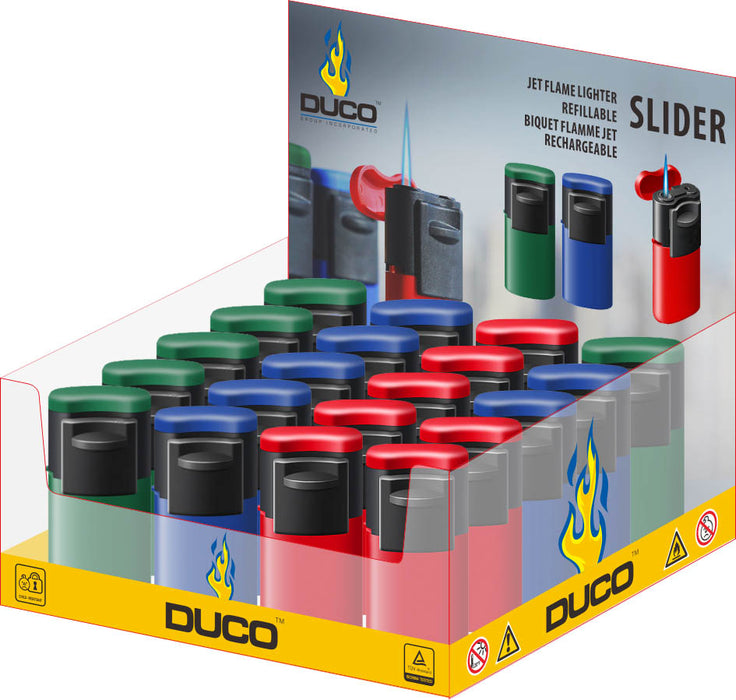 DUCO™ | SLIDER – Metallic Rubberized Jet Flame Lighter (Display of 20)