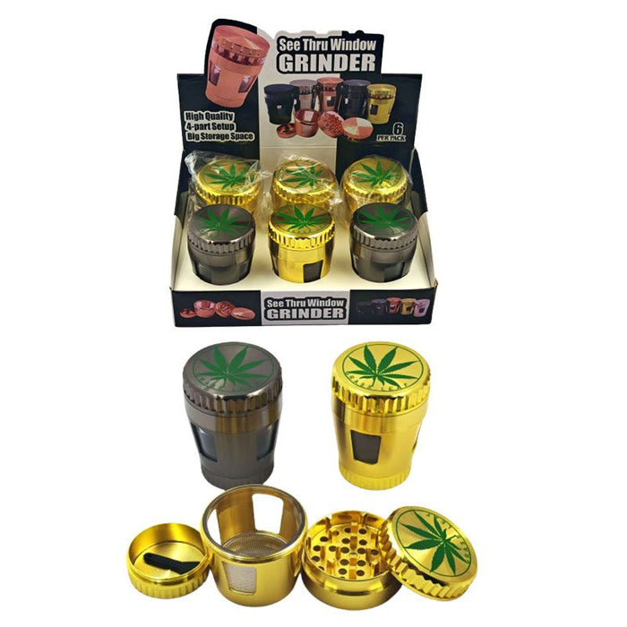 4-Part 50mm See-Thru Window Metal Herb Grinder [SMKZ123-4] Display Pack Canadian Distributor Gold & Grey