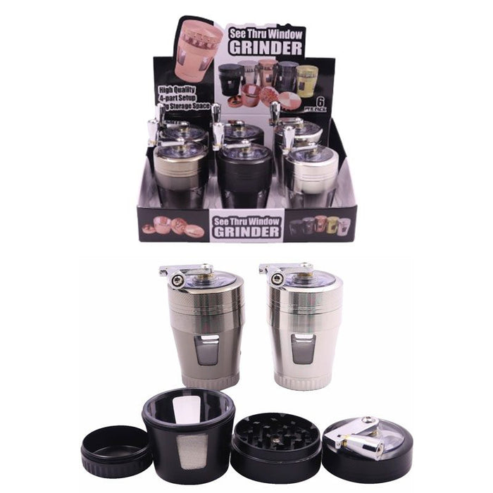 4-Part 50mm Metal Herb Grinder with Top Gear Handle & See-Thru Window – 6pcs/Display [SMKZ125]