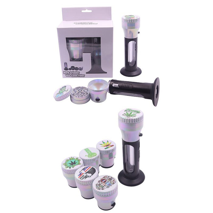 4-Part 50mm 2-in-1 Metal Herb Grinder with Cone Filler – 6pcs/Display [SMKZ126/7]