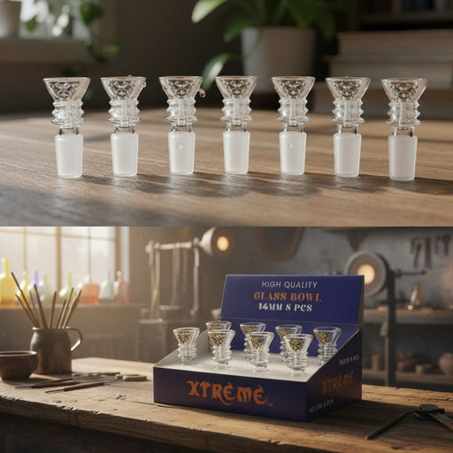 Xtreme | 14MM Male Funnel Clear Bowl With Rings – Assorted Box of 8 (CC50 – Bowl Display) Bowl · Popper Canadian Distributor