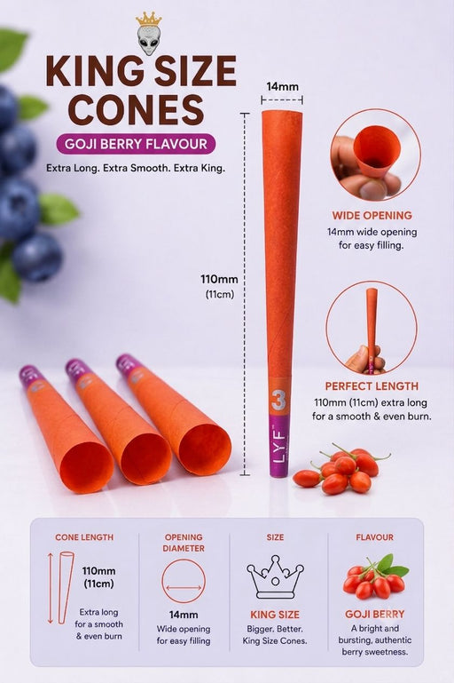 LYF Platinum | Pre Roll King Size Cones, Goji Berry Flavour, 109mm, 30 Cones, 10 Packs of 3 Pre-rolled Cone (Display Pack) LYF Live Your Freedom