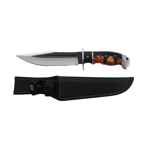 Xtreme | 12″ Hunting Knife – Two-Tone Serrated Drop Point Blade with Wood Handle & Sheath (XTR-HKN087) Fixed Blade Knives Canadian Distributor