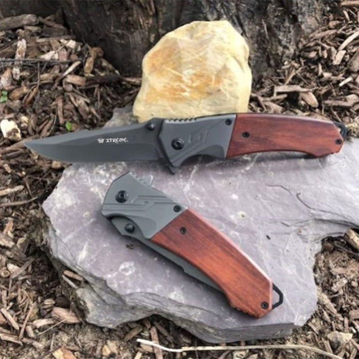 Xtreme | 8″ Pocket Knife – Folding Clip Point Blade with Stained Wood Handle & Pocket Clip (XTR-HKN129) Folding Knife Canadian Distributor