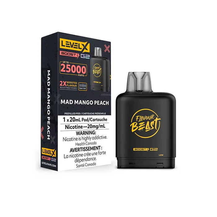 [ON] FLAVOUR BEAST | Level X Boost G2 25000 Pod Box of 6 Ontario Excise Tax ONE Mad Mango Peach