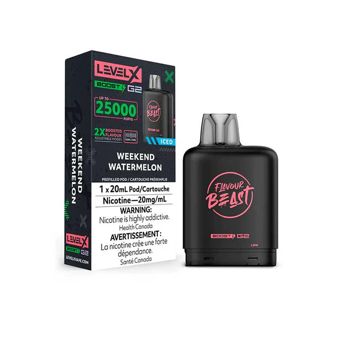 [ON] FLAVOUR BEAST | Level X Boost G2 25000 Pod Box of 6 Ontario Excise Tax ONE Weekend Watermelon Iced