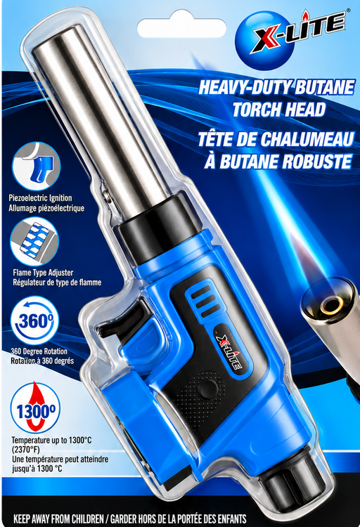 X-Lite heavy-duty butane torch head in its retail blister packaging, featuring a blue and black torch head with a silver nozzle, shown against a white background.