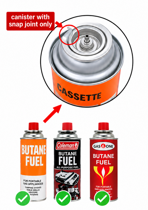 An instructional product graphic showing a canister with a snap joint top and a red callout box reading 'canister with snap joint only,' plus three butane fuel cans labeled Butane Fuel, Castore Fuel, and Castore Fuel Classic at the bottom.
