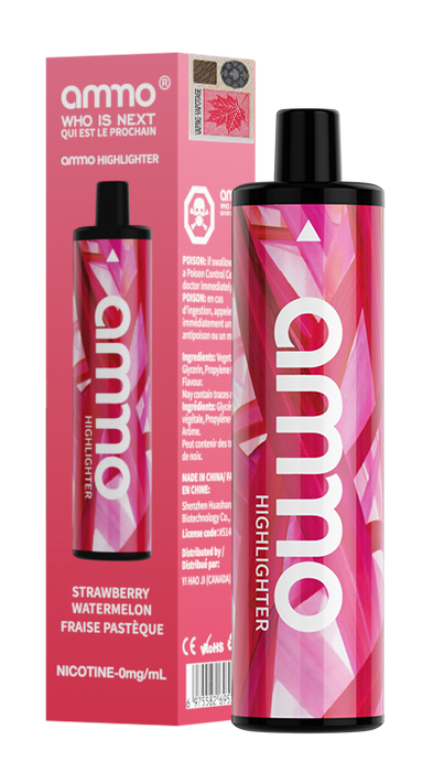 Ammo Highlighter Zero Nicotine Disposable Vape 5000 puffs Box of 10 Federal Excise Tax AMMO VAPE Strawberry Watermelon