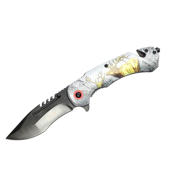 Defender-Xtreme 8″ Deer Design Handle Folding Knife W/ Belt Cutter [13890] Folding Knife Canadian Distributor