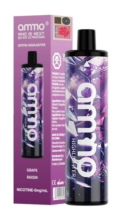 Ammo Highlighter Zero Nicotine Disposable Vape 5000 puffs Box of 10 Federal Excise Tax AMMO VAPE Grape