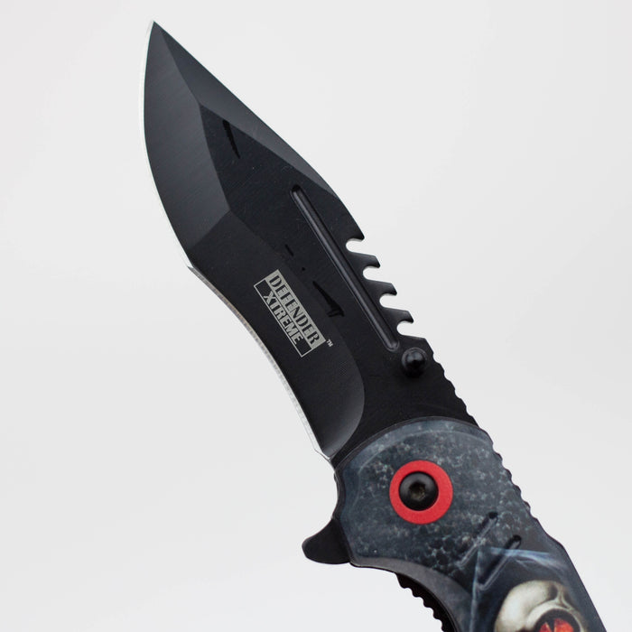 8" Defender-Xtreme Death  Design Handle Folding Knife W/  Belt Cutter [13887]