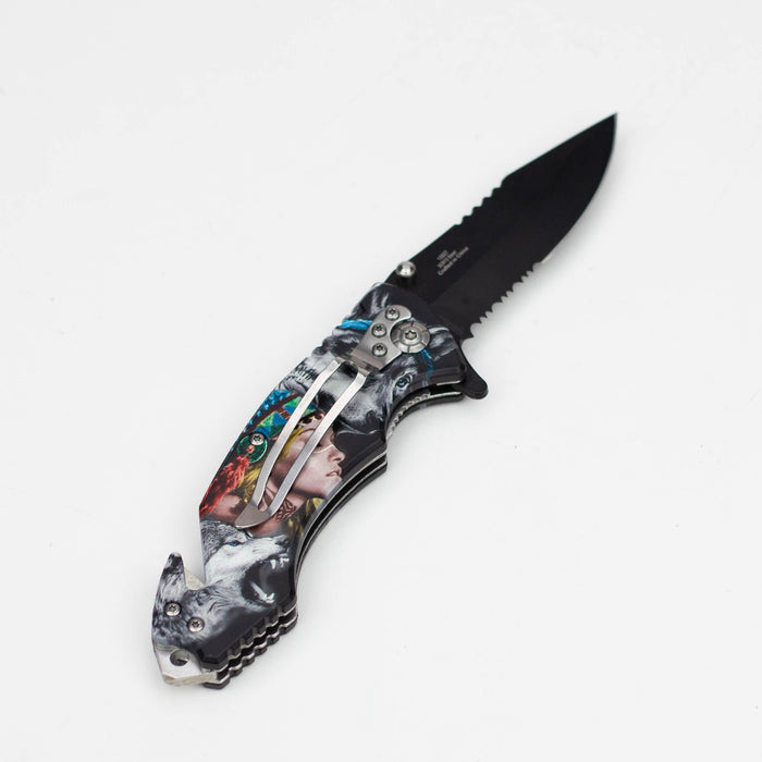 Defender-Xtreme  8" Wolf Woman- Folding Knife with Belt Cutter [13527]