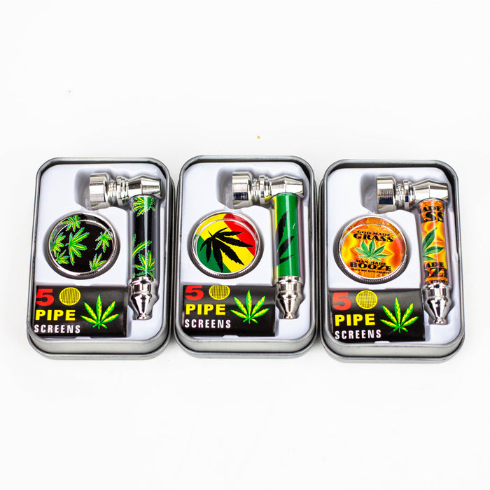 2.5" Metal Pipe set with screen and mini grinder Box of 12 Metal Purple Haze Smoke Inc