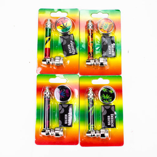 3" Metal Pipe set with screen and mini grinder Box of 12 Metal Pipe Purple Haze Smoke Inc Design 2
