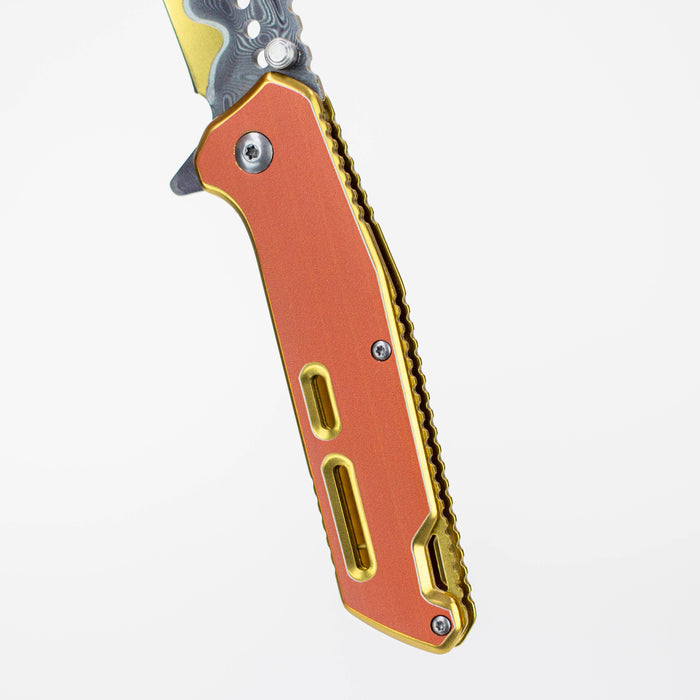 7.5" Etched Damascus Pocket Knife Gold Plated Hilt Pen Blade [P-713-E]