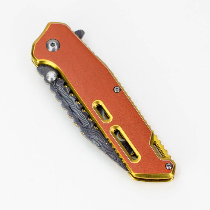 7.5" Etched Damascus Pocket Knife Gold Plated Hilt Pen Blade [P-713-E]