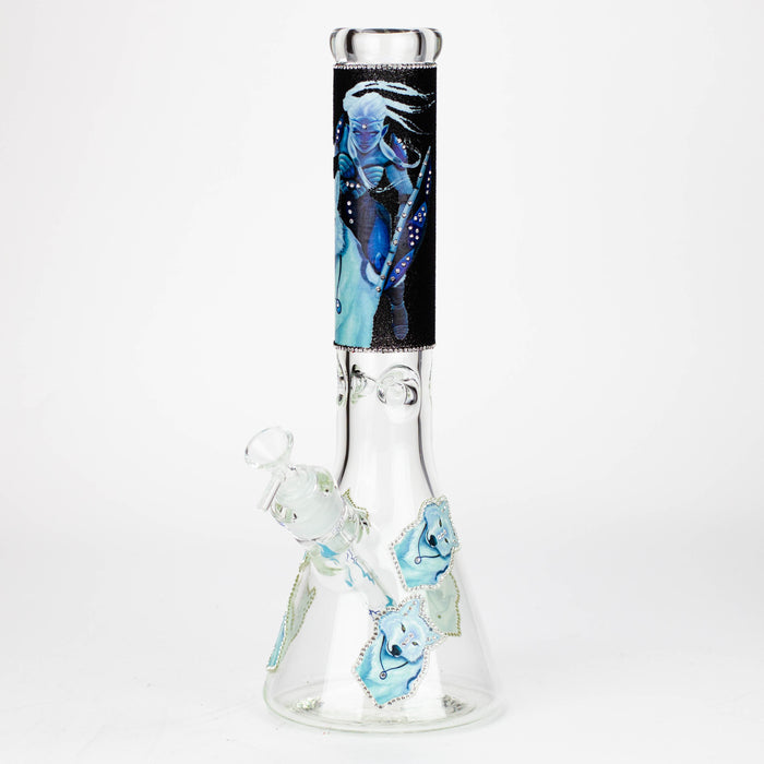14" Graphic with cubic zirconia decor 7mm glass beaker water bong [AK32xx]