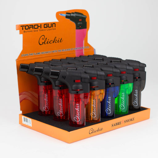 Click it | Single Torch Lighters Assorted Transparent color Box of 15 [GH-10877] Torch Canadian Distributor
