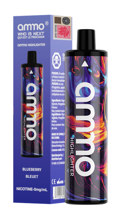 Ammo Highlighter Zero Nicotine Disposable Vape 5000 puffs Box of 10 Federal Excise Tax AMMO VAPE Blueberry