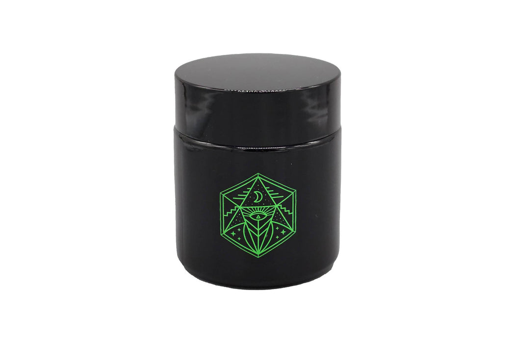 Small Glass Storage Jar and Lid - Real Printed Artwork - UV Protection - Helps Keep Goods Fresh with Light Protection- Tinted Black - 100 ml - Ancient Symbol Design - Accessories By Leaf-Way Brand- - One Wholesale