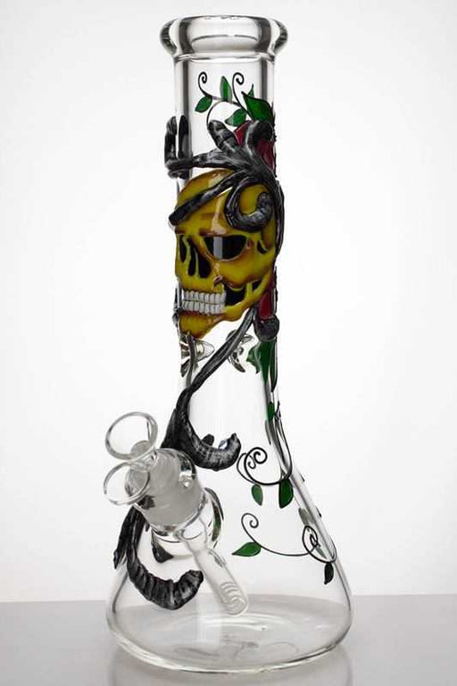 13" heavy glass Artwork beaker water bong Glass Bong ONE Skull Rose-3229