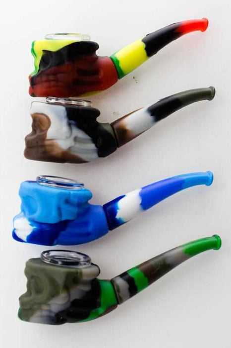 Silicone skull head hand pipe with multi hole glass bowl- - One Wholesale