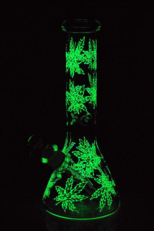13" Glow in the dark leaf artwork 7 mm glass bong- - One Wholesale
