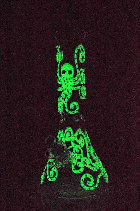 13" Glow in the dark octopus artwork 7 mm glass bong- - One Wholesale