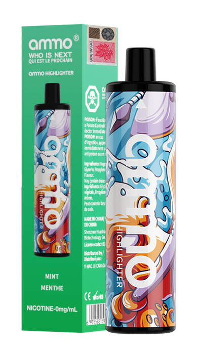 Ammo Highlighter Zero Nicotine Disposable Vape 5000 puffs Box of 10 Federal Excise Tax AMMO VAPE Mint
